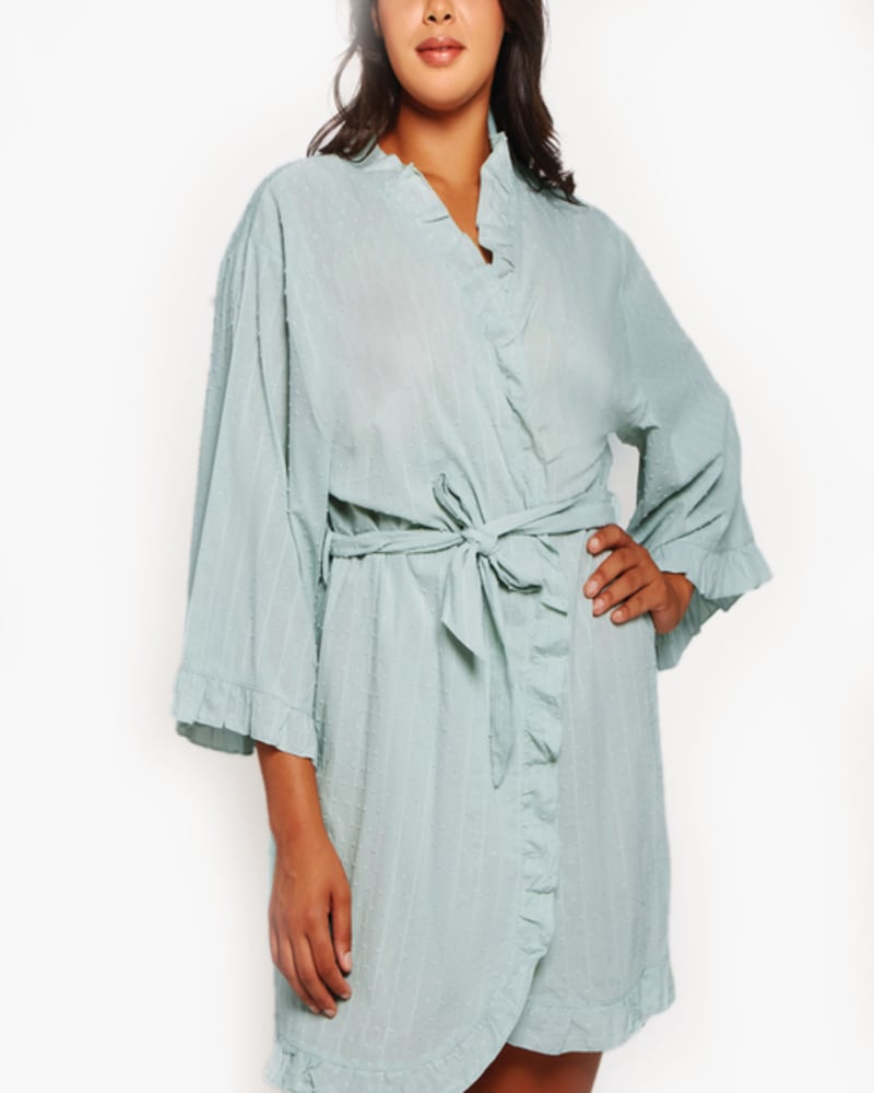 Front of a model wearing a size 1X Claire Ruffled Robe in Mint by iCollection. | dia_product_style_image_id:253985